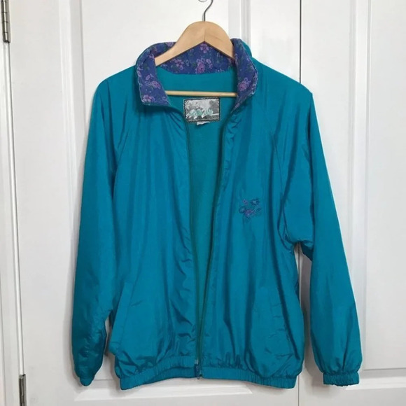 Vintage 80s 90s Action Gem Turquoise Fleece Lined  Windbreaker Jacket - Picture 1 of 5